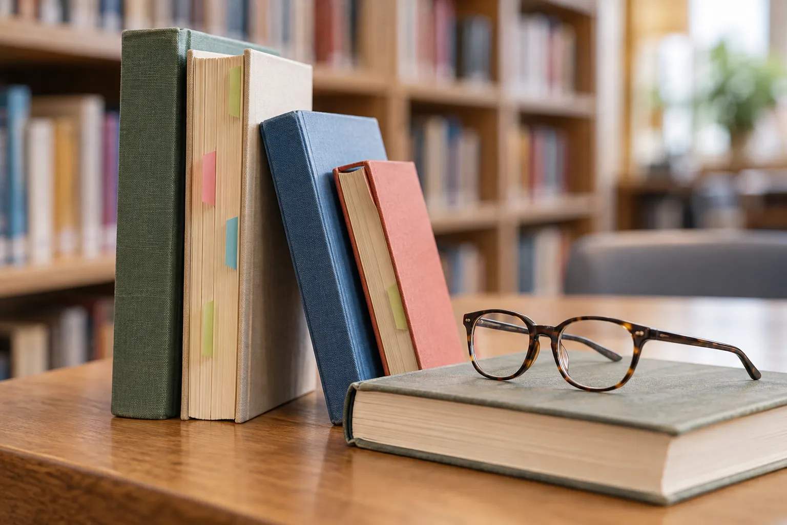 Illustration: Plain books with page tabs and reading glasses on a library table.