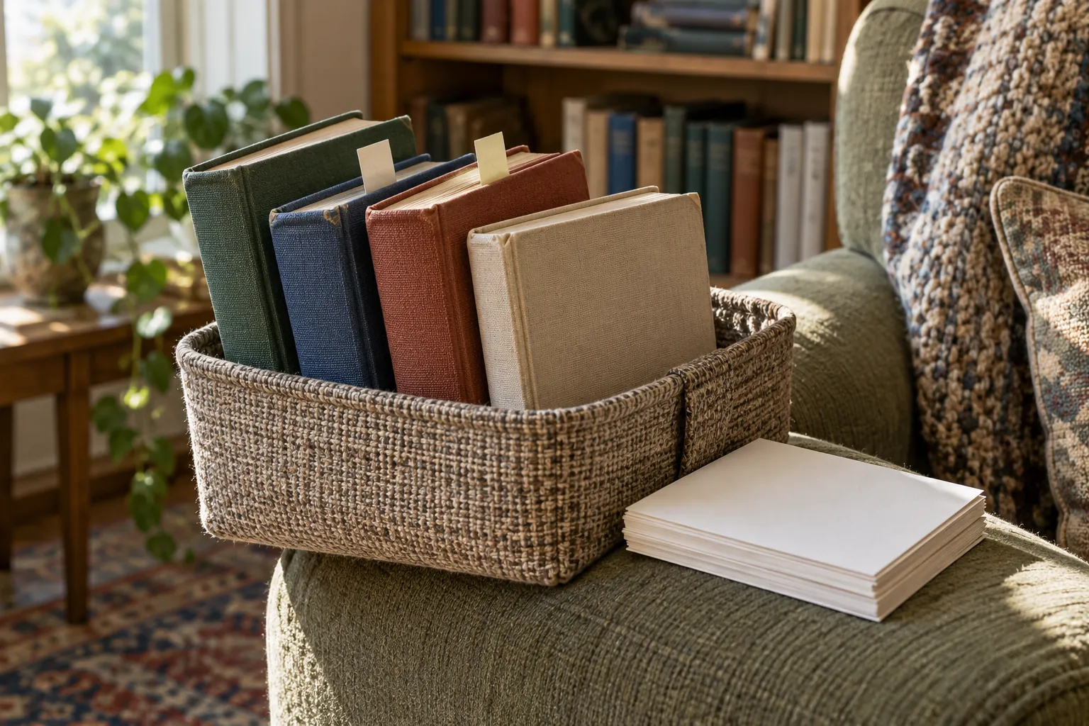 Illustration: Plain hardbacks and blank note cards in a fabric basket on an armchair arm.