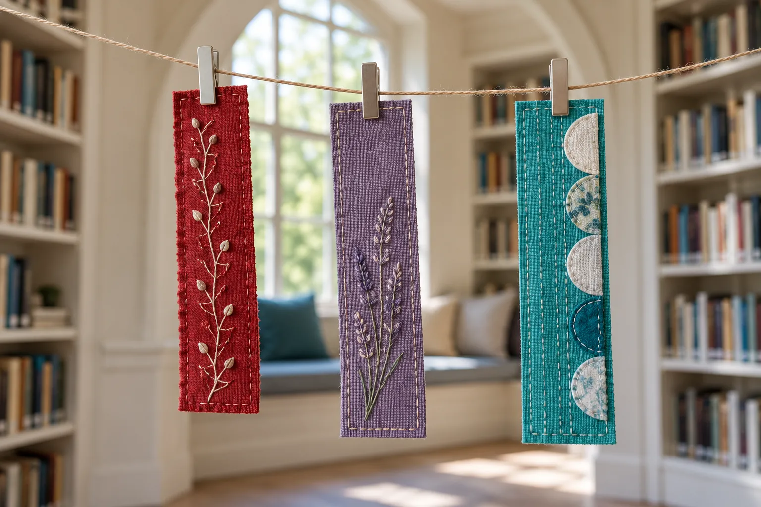Illustration: Colorful fabric bookmarks clipped to a line in a reading-room alcove.