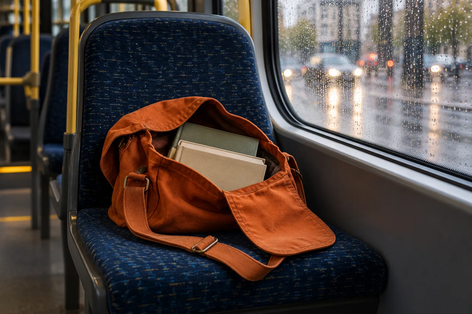 Illustration: An open orange satchel with plain-covered books on an empty transit seat.