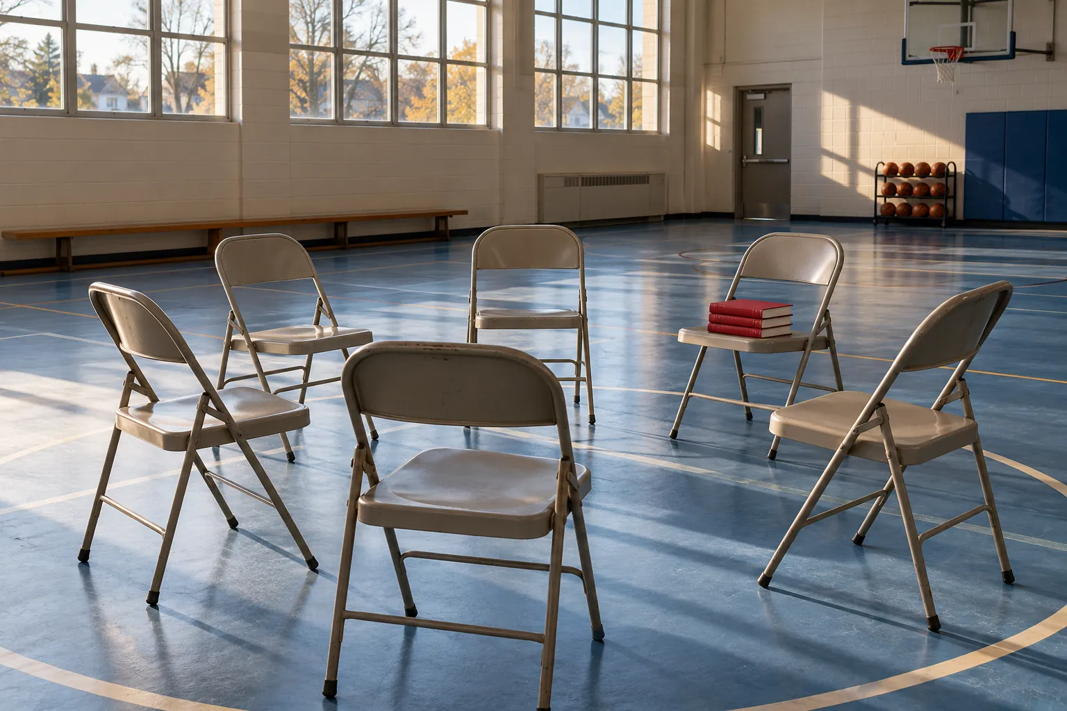 Illustration: Folding chairs and closed red books arranged for a reading circle in an empty gym.