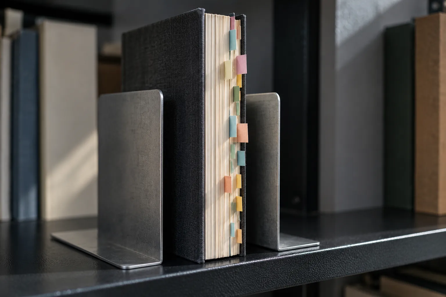 Illustration: Colored paper tabs projecting from a closed book between steel bookends.