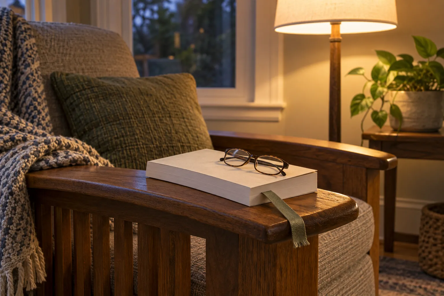 Illustration: A plain paperback, reading glasses and a bookmark beside an empty lamp-lit reading chair.
