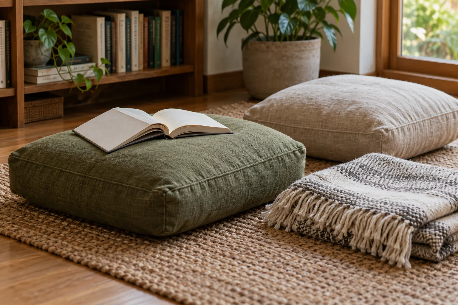 Illustration: A half-open book, floor cushions and a folded throw in a reading corner.