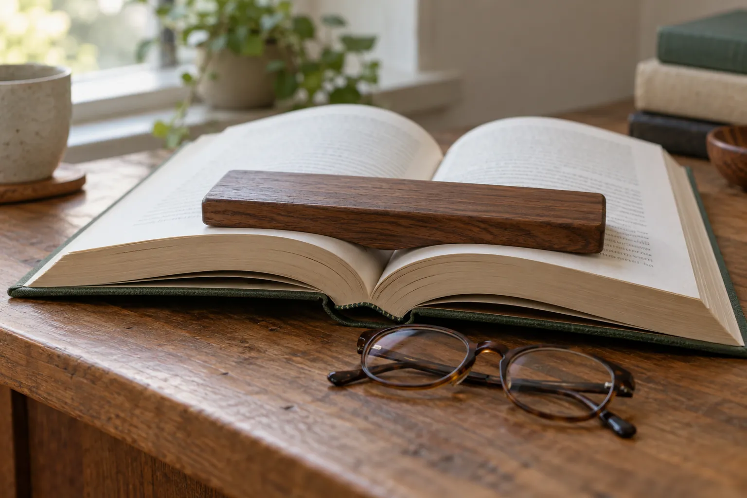 Illustration: A wooden book weight holding open a book beside folded reading glasses.