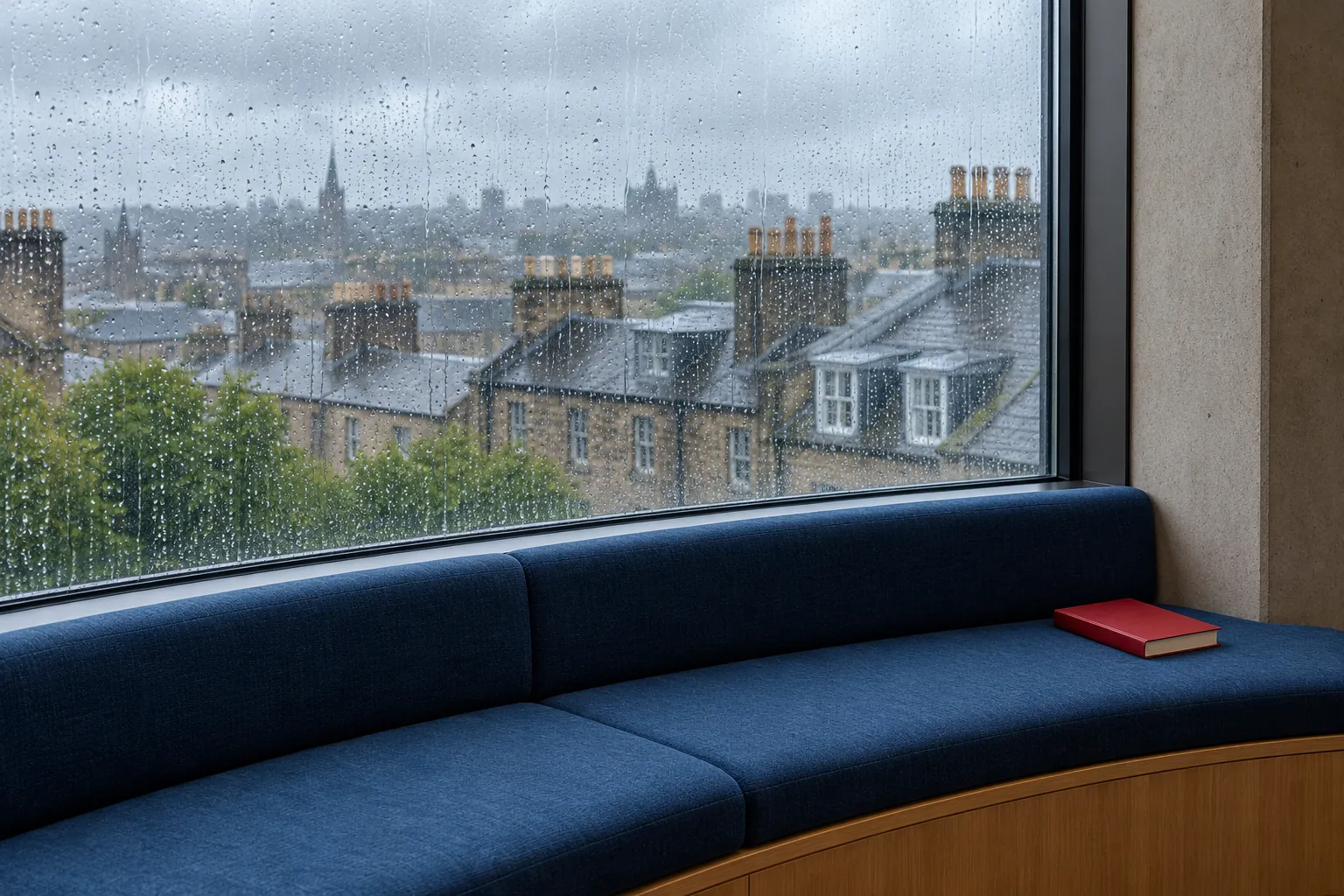Illustration: A crimson paperback on a cobalt window seat beside a rain-streaked library window.