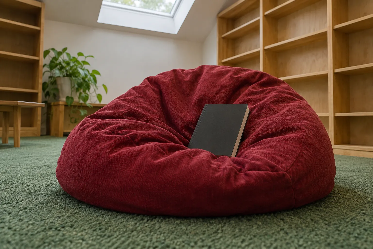 Illustration: A closed black paperback resting in the folds of a red reading-room beanbag.