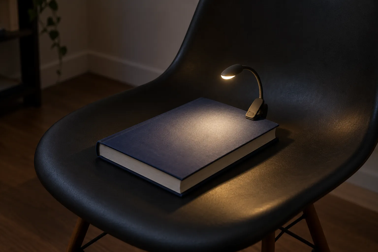 Illustration: A small reading lamp casting light across a closed navy book on a black chair.