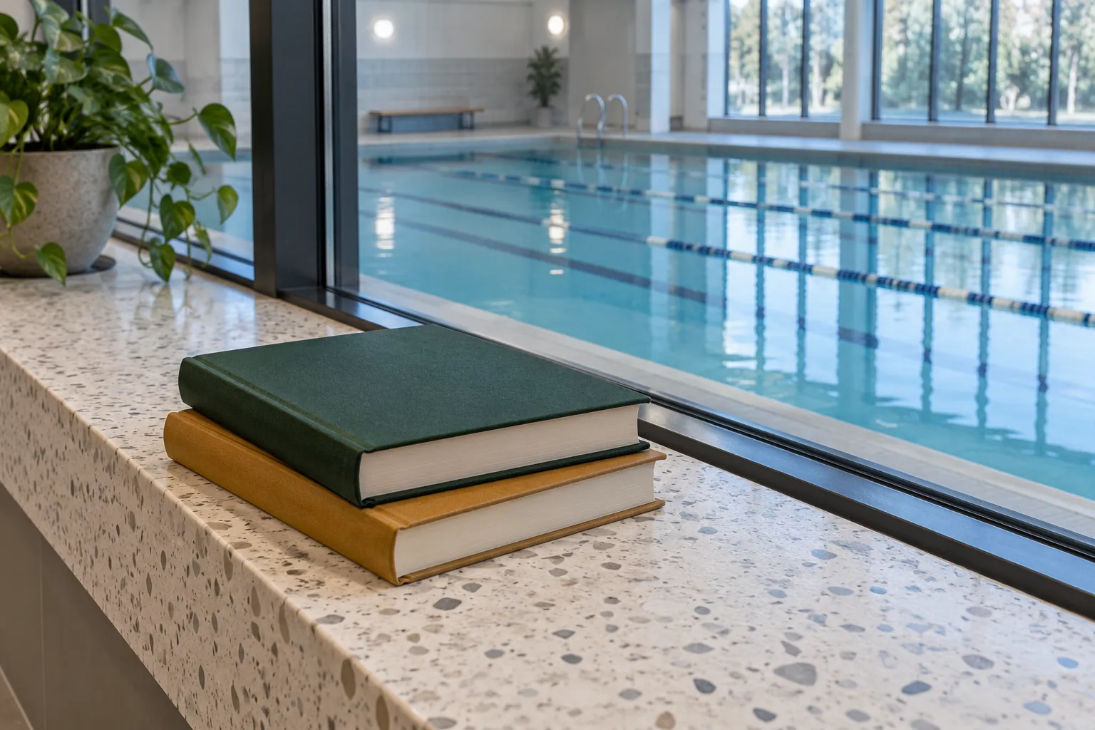 Illustration: Two plain-covered books on a terrazzo ledge overlooking an empty indoor pool.