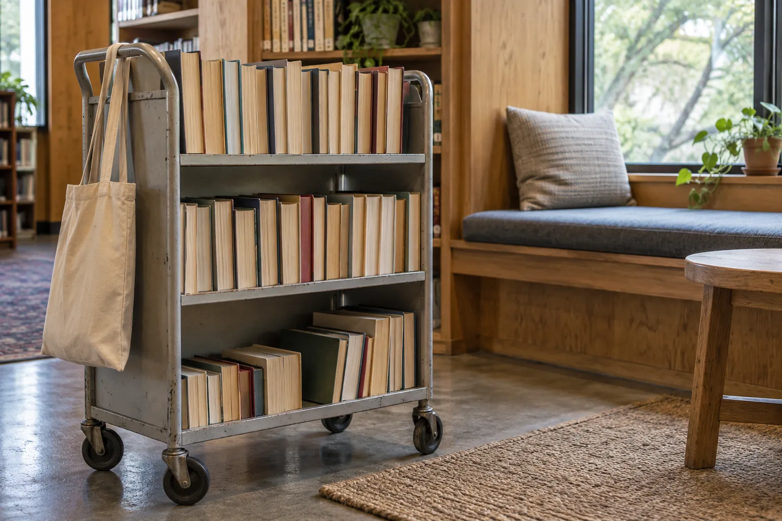 Illustration: An unmarked library cart carrying books beside an empty reading alcove.