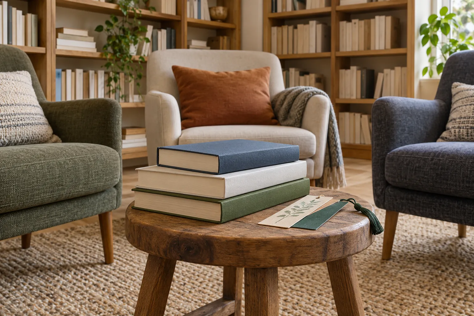 Illustration: Plain books and bookmarks on a stool beside empty library reading chairs.
