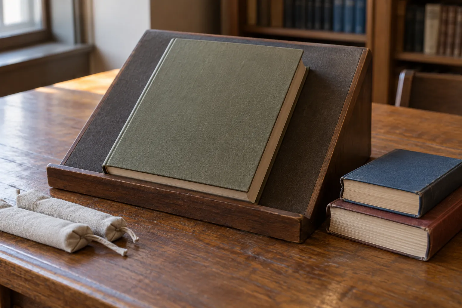 Illustration: A large plain folio, smaller books and page weights on a library reading support.