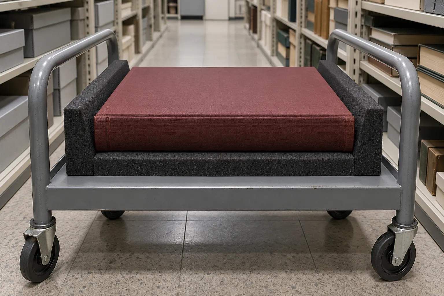 Illustration: A closed maroon volume supported in a foam cradle on a steel library cart.