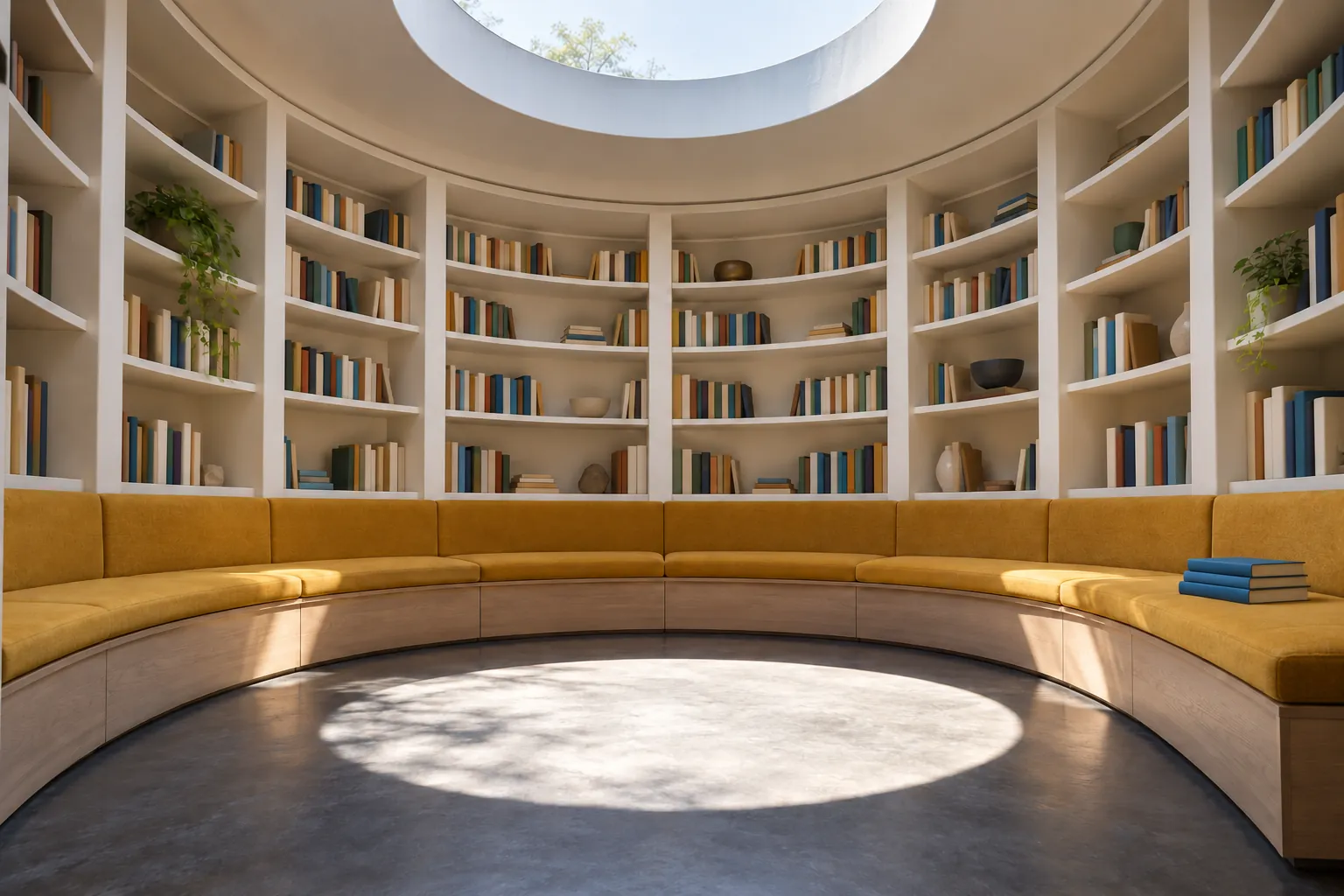 Illustration: Blue books on a mustard bench in an empty circular library alcove.