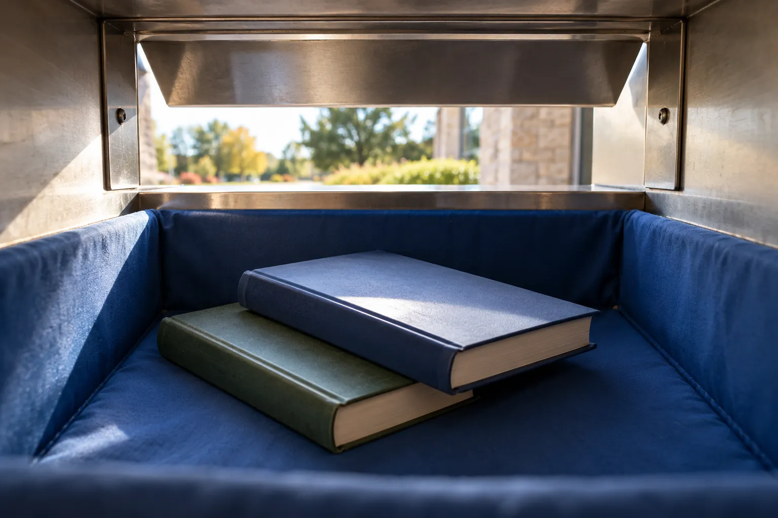 Illustration: Plain hardbacks in a padded blue library returns tray below a metal slot.