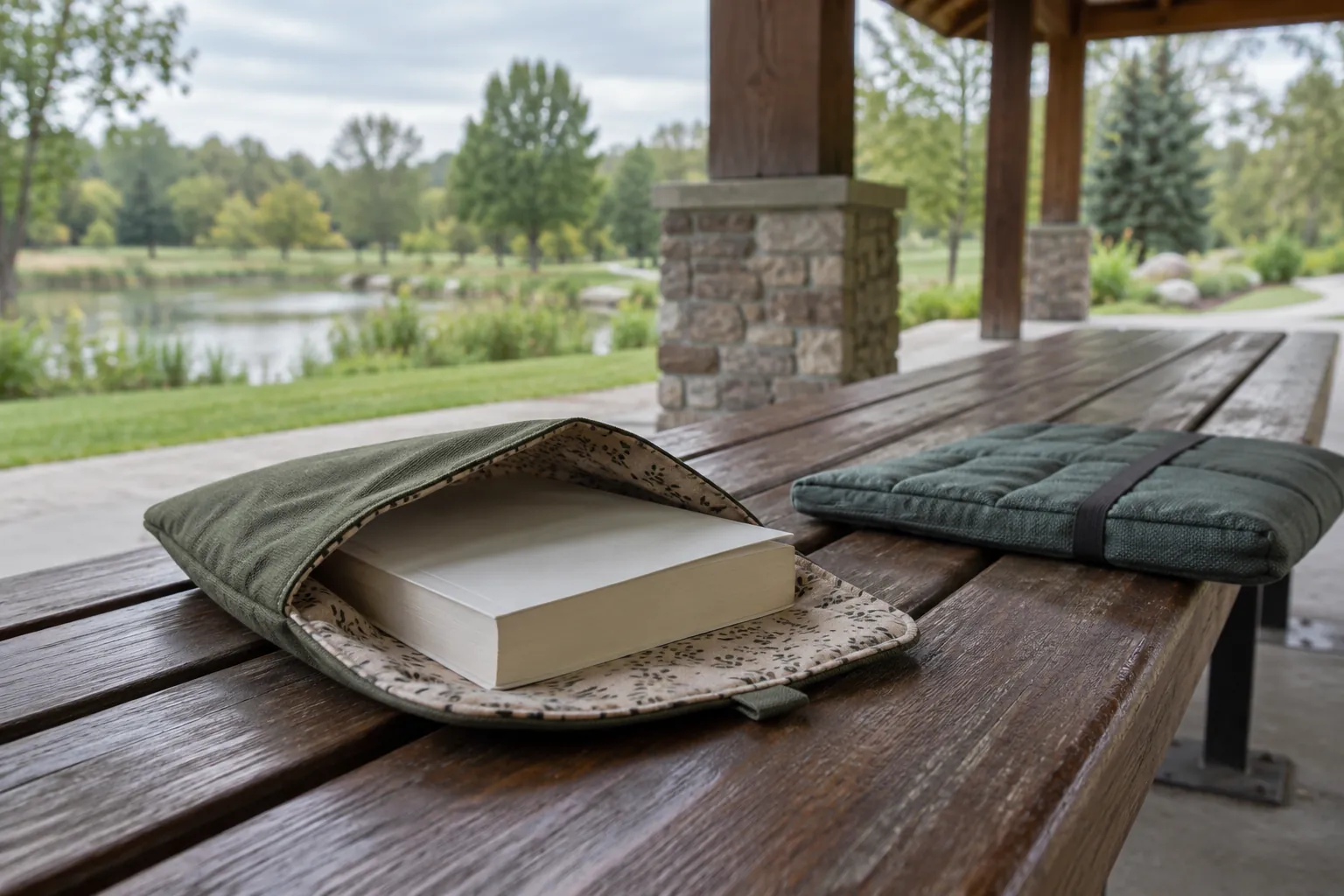 Illustration: A paperback in a fabric sleeve beside a seat cushion on a pavilion bench.