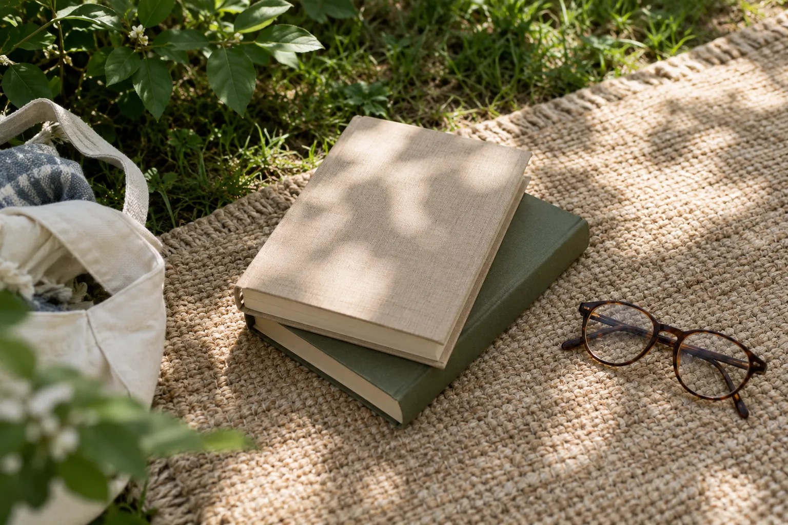Illustration: Plain books and reading glasses on a woven rug in lawn shade.