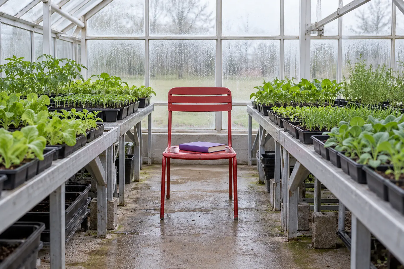 Illustration: A purple book on a red chair at the end of a working greenhouse aisle.