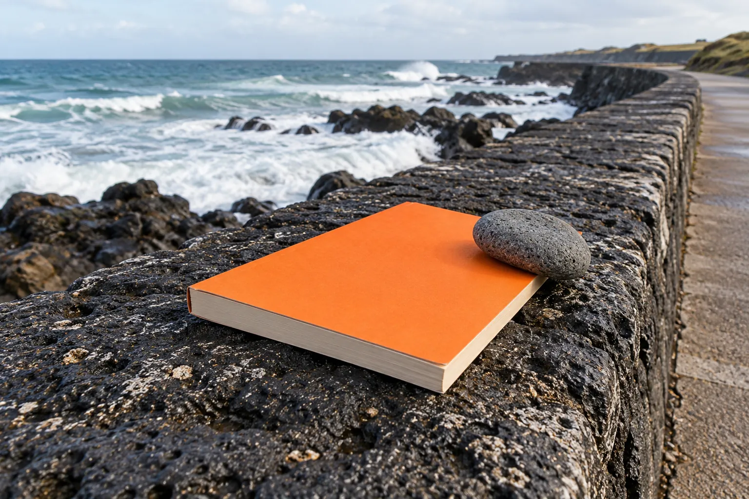 Illustration: An orange paperback weighted by a pebble on a black coastal sea wall.