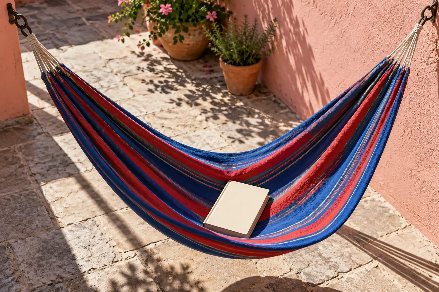 Illustration: A closed plain book resting in a blue-and-red striped courtyard hammock.