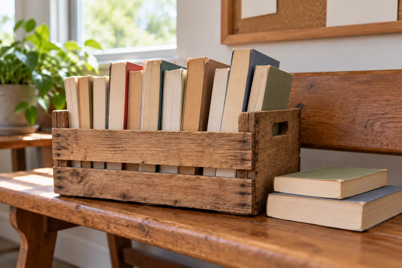 Illustration: Plain paperbacks in a wooden crate with two books beside it.