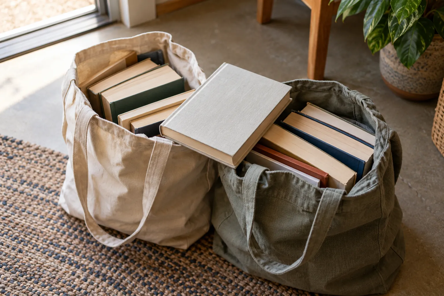 Illustration: Two cloth totes filled with plain books on a community-room floor.