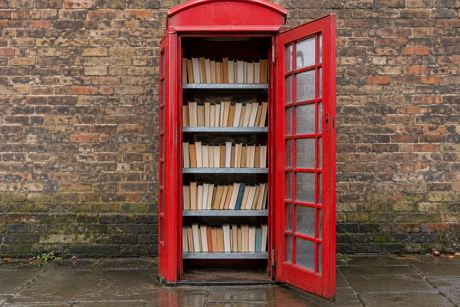 Illustration: Plain books inside an open red outdoor book-swap cabinet.