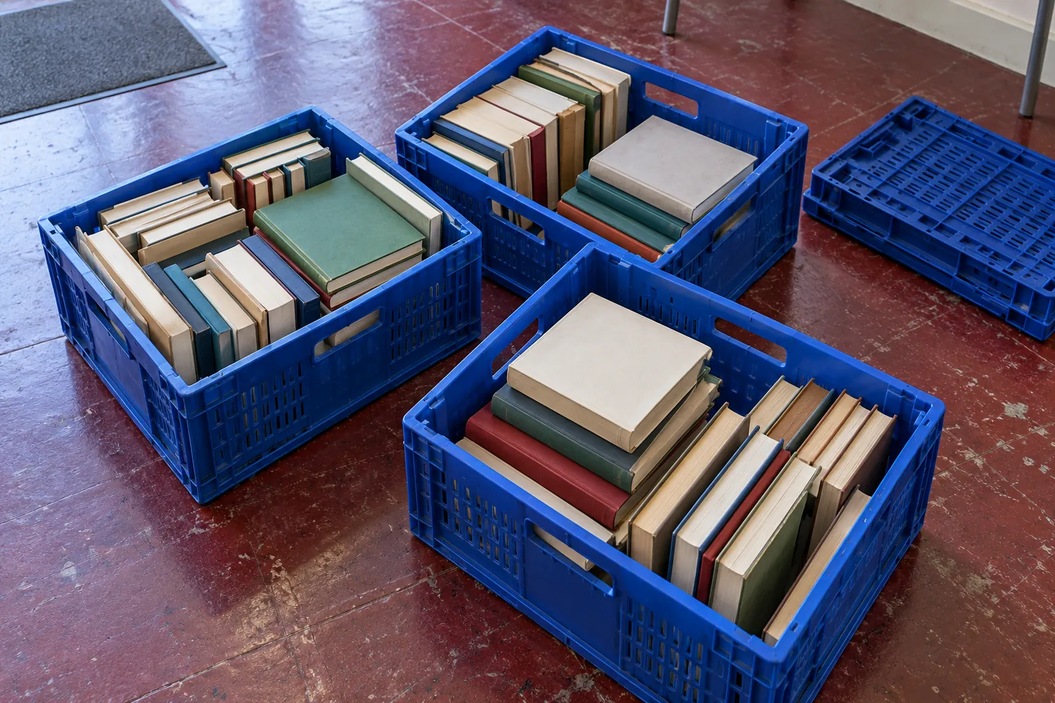 Illustration: Donated books being sorted into blue crates on a burgundy hall floor.