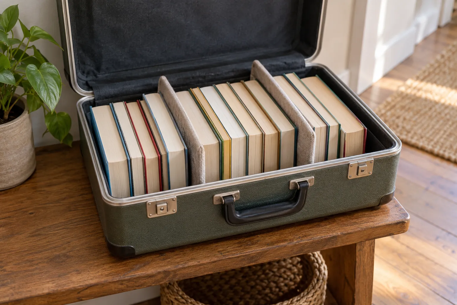Illustration: An open carrying case filled with plain books and fabric dividers.