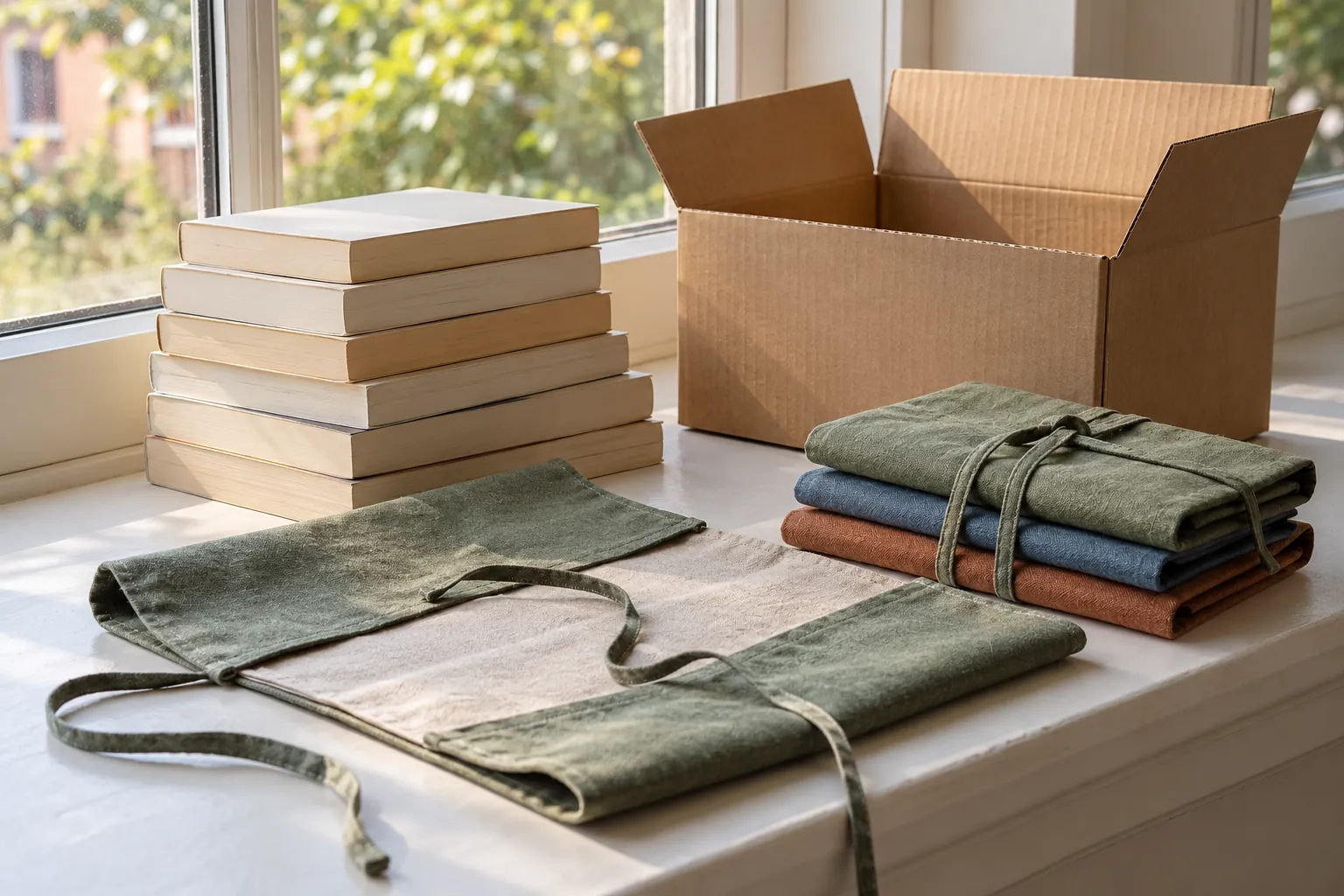Illustration: Plain paperbacks, reusable fabric wraps and an empty carton on a windowsill.