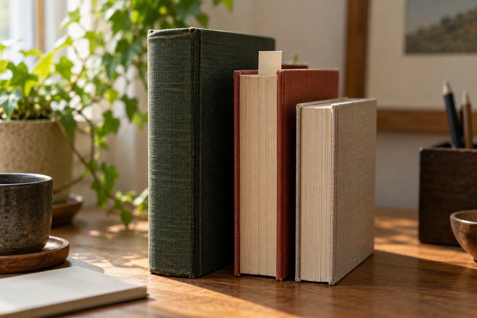 Illustration: Three plain books of different formats beside a blank paper marker.