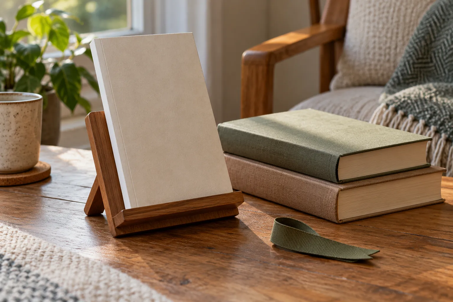 Illustration: A slim book on a stand beside thicker volumes and a ribbon bookmark.