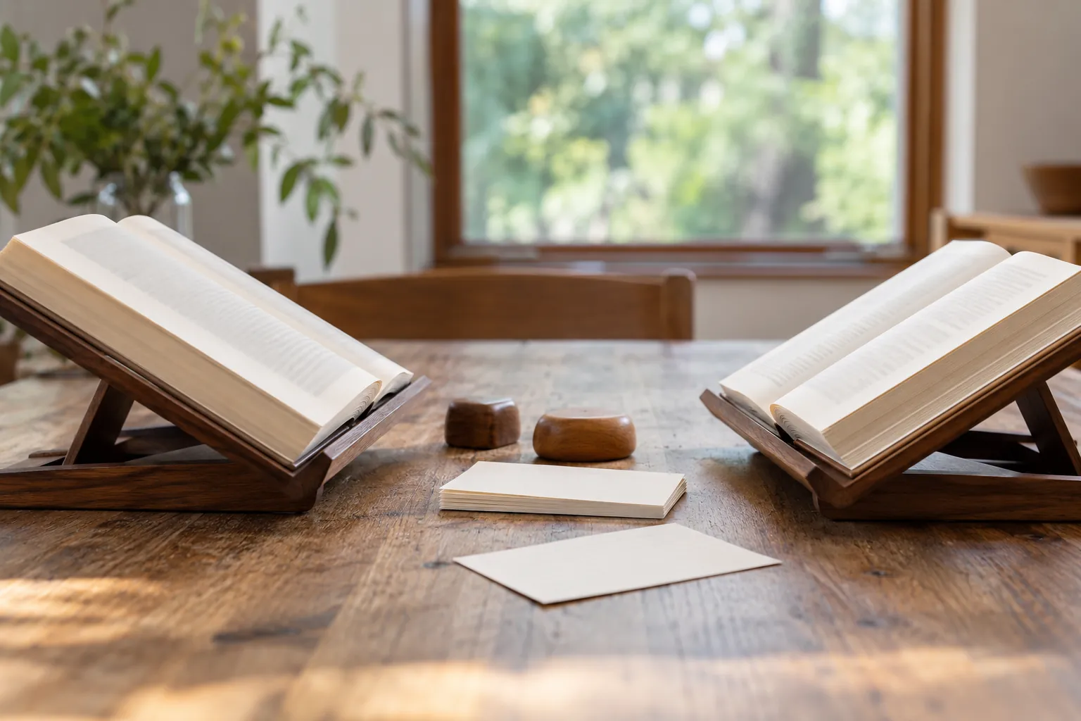 Illustration: Two open books on angled rests with blank cards and page weights between them.