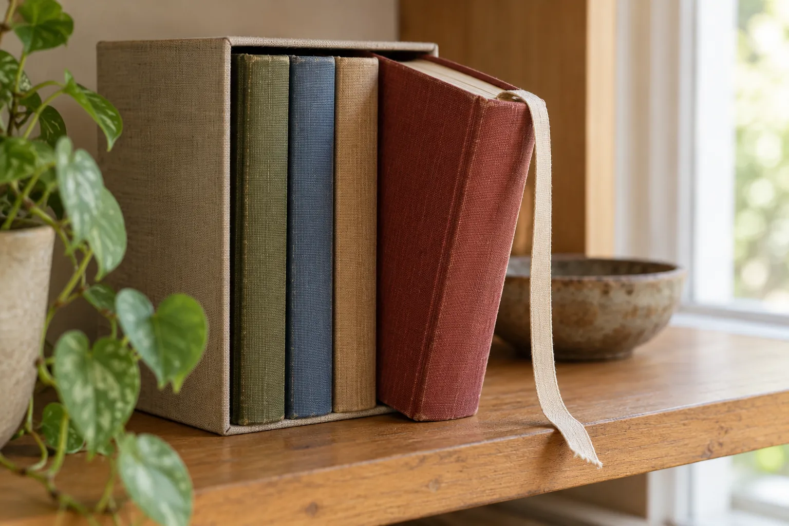 Illustration: Clothbound books in a plain slipcase with one volume partly removed.