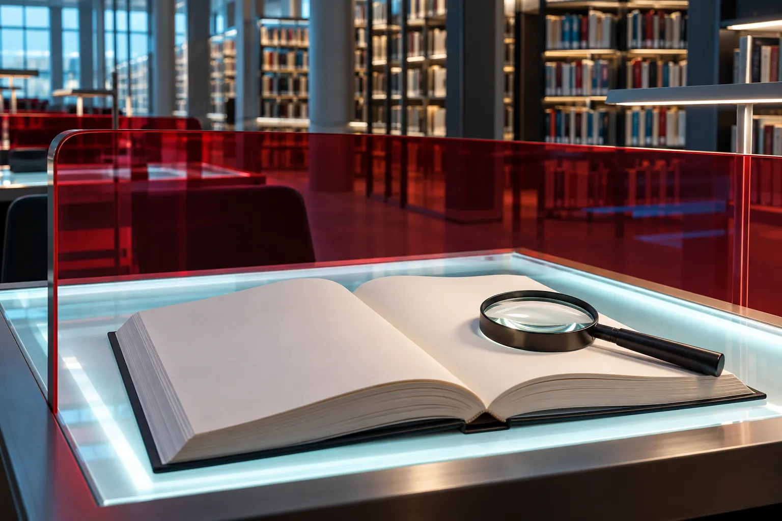 Illustration: A magnifier over an open book at an illuminated library desk.
