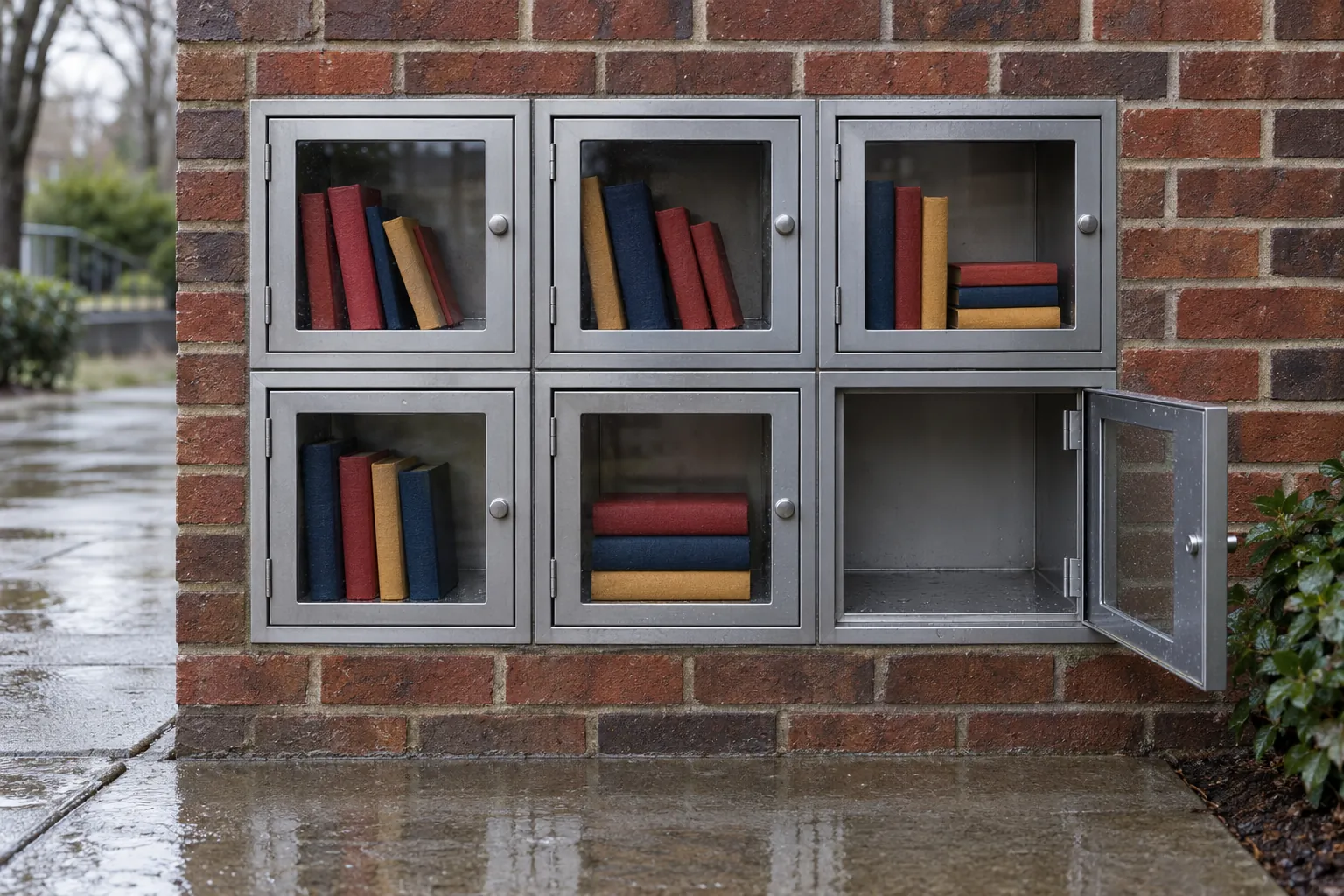 Illustration: Cloth-wrapped books inside a neighborhood exchange wall.