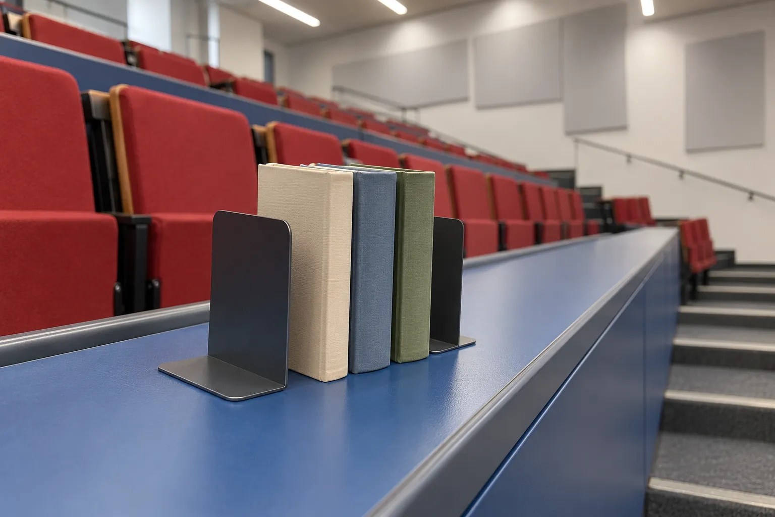 Illustration: Small handmade books on a blue rail above red lecture seats.