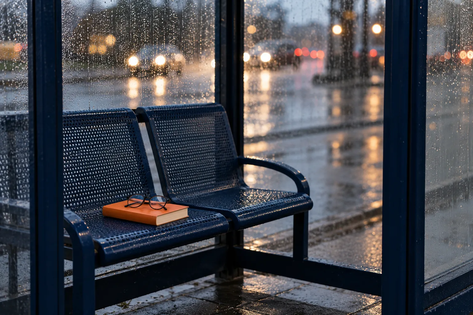 Illustration: A book and reading glasses on a dry bus-shelter seat.