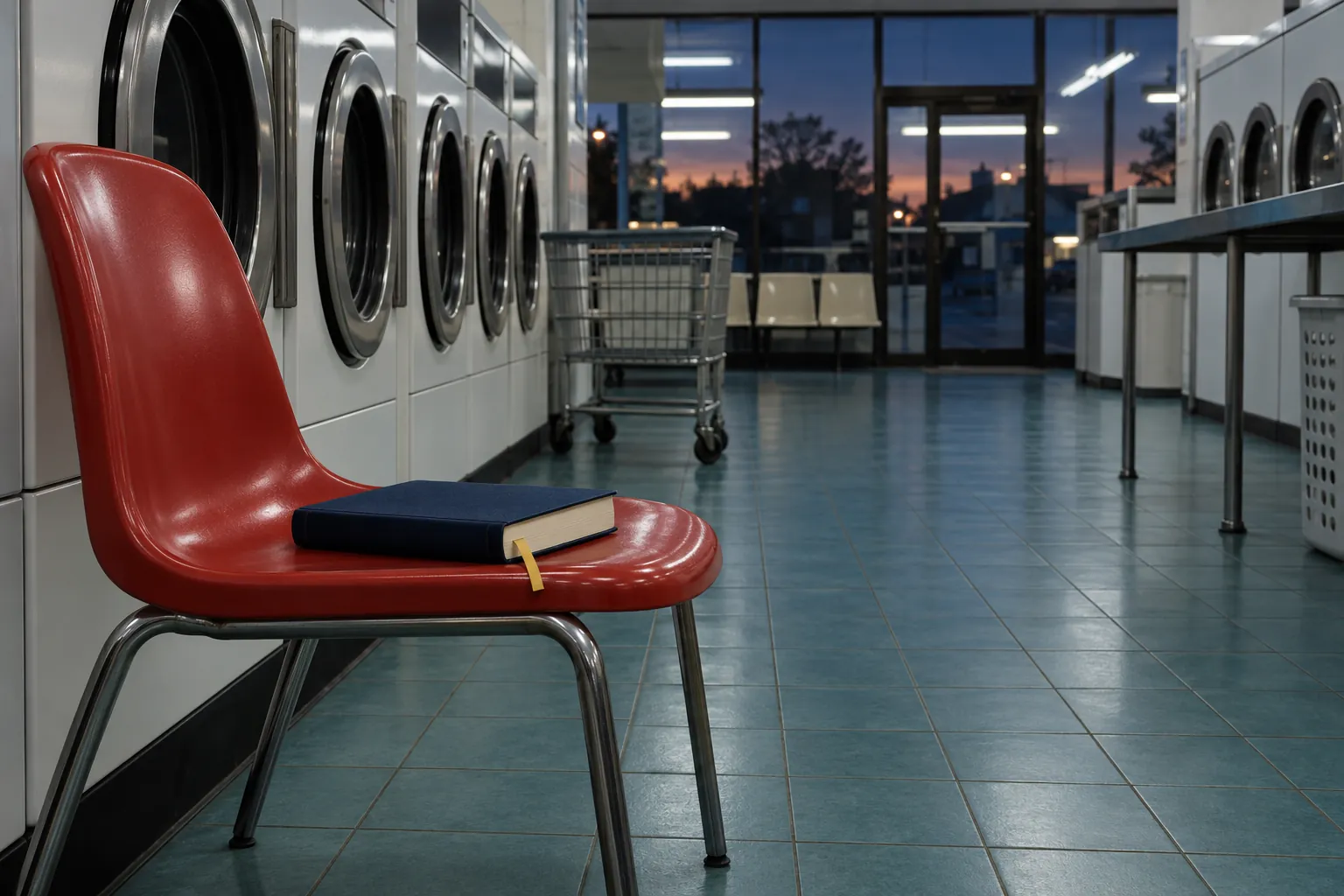 A novel on a red chair beside plain laundry machines.