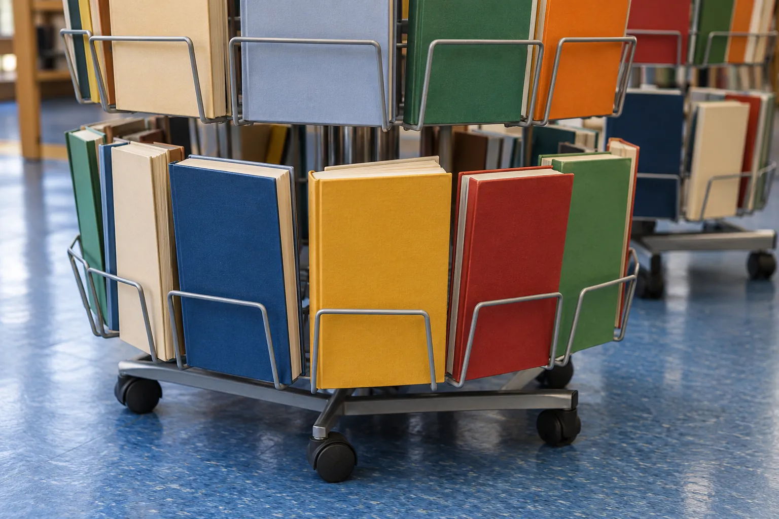 Illustration: Plain colorful books stand in a rotating wire rack on blue library linoleum, with overlapping rack layers and a low side angle.