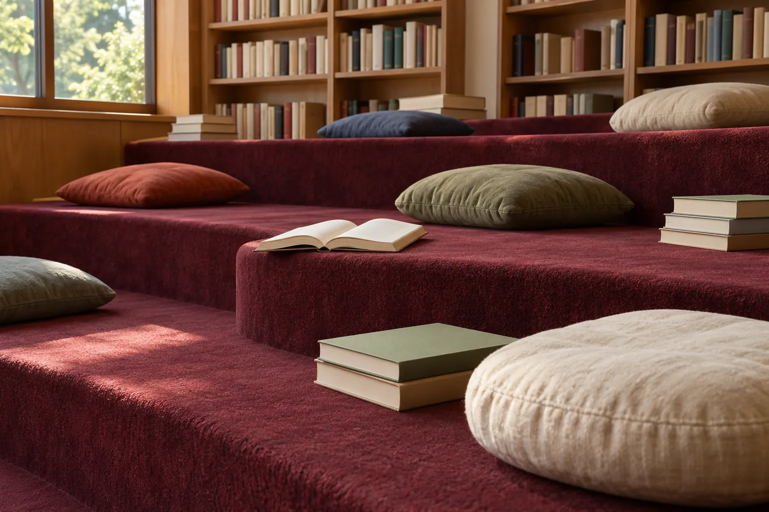 Illustration: Plain books and reading cushions rest on burgundy carpeted amphitheater steps inside a small library, shown in a wide diagonal view.