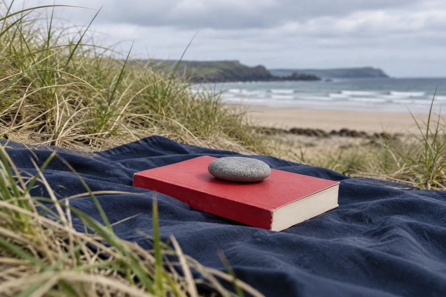 Illustration: A red paperback held shut by a smooth pebble rests on a navy groundsheet between dune grasses, photographed low under an overcast coastal sky.