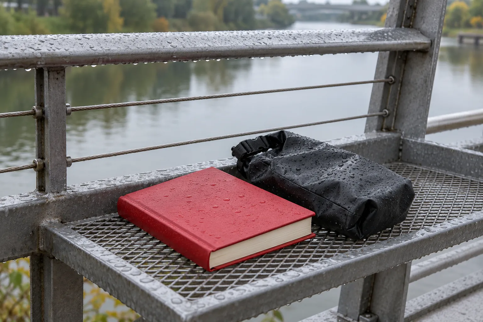 Illustration: A red book and waterproof pouch rest on a steel mesh shelf beside a sheltered footbridge railing after rain, with water soft in the background.