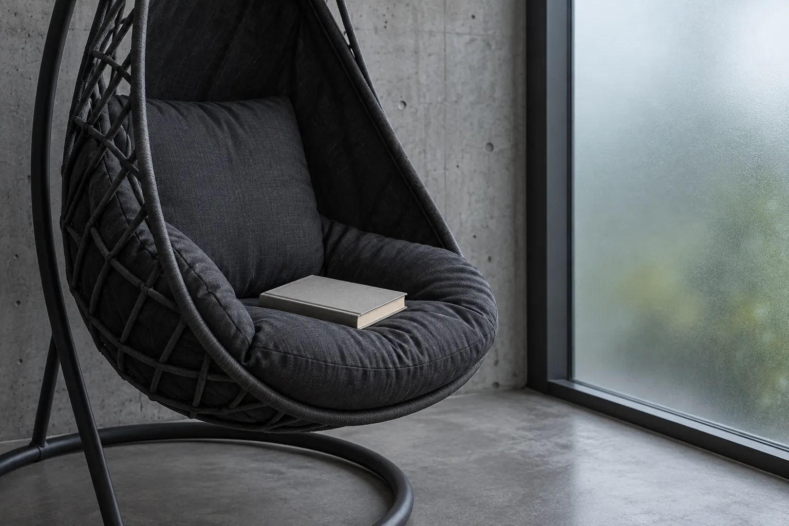Illustration: A plain book rests in a dark canvas hanging chair against gray concrete and frosted glass, shown from the side in cool diffuse light.