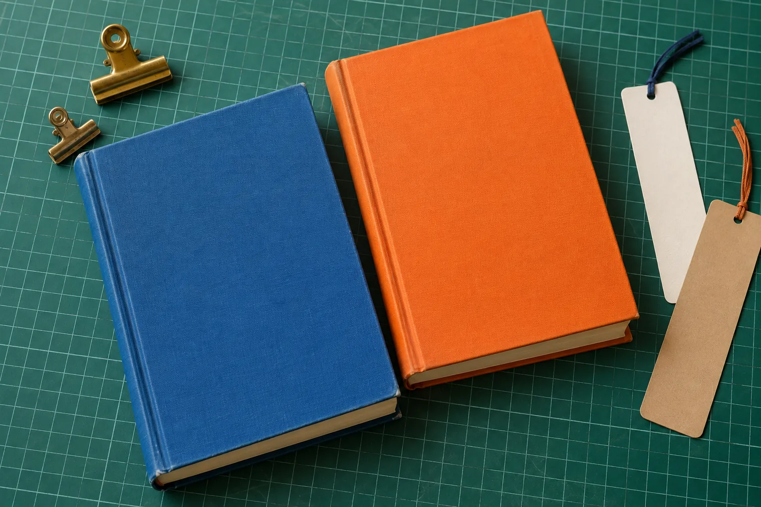 Illustration: Two plain blue and orange books, removable metal page clips and blank bookmarks lie on a green rubber mat in a close overhead arrangement.