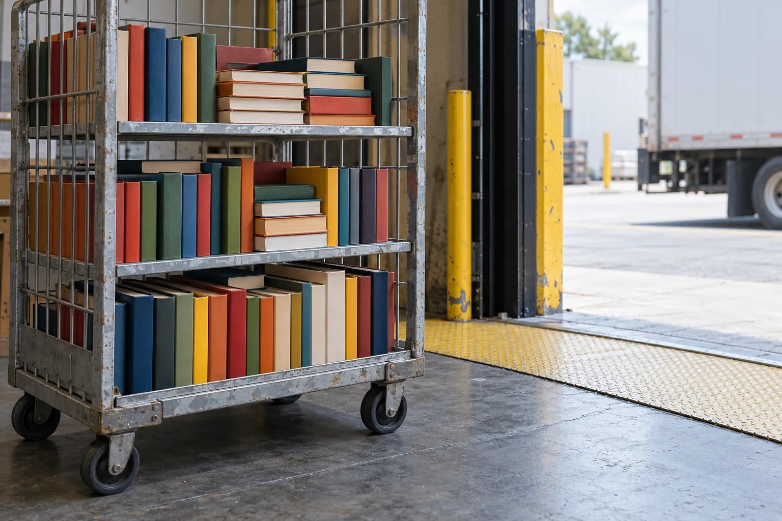 Illustration: A galvanized rolling book cage filled with plain colorful volumes stands beside an open loading door and a yellow threshold, seen at waist height.