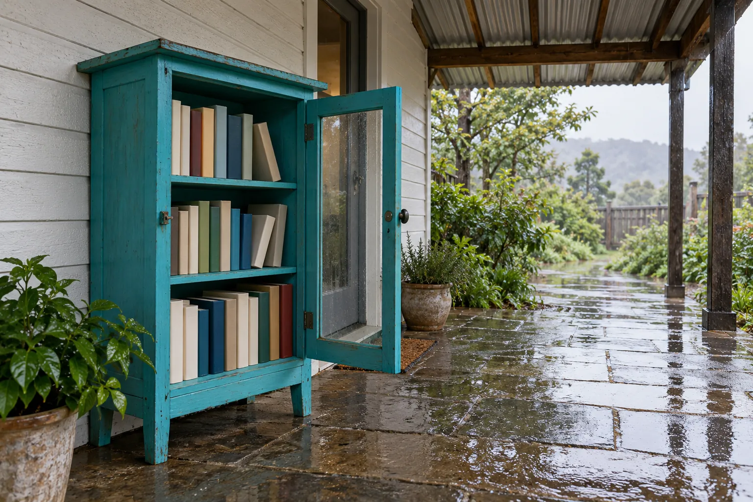 Illustration: A turquoise lending cabinet holds plain books under a corrugated porch roof after rain, with its open door and wet paving visible in a wide view.