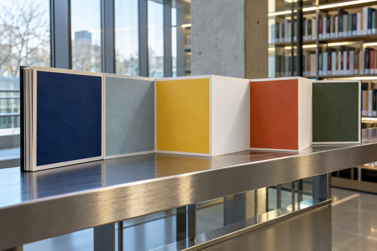 Illustration: A foldout book showing only abstract color blocks opens along a brushed metal library rail, shown close with cool window reflections.
