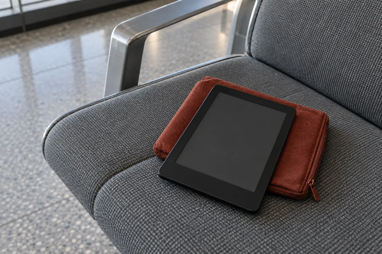 Illustration: A blank e-reader partly rests in a rust-red fabric sleeve on a gray transit lounge seat, in a quiet close view with no screen interface.