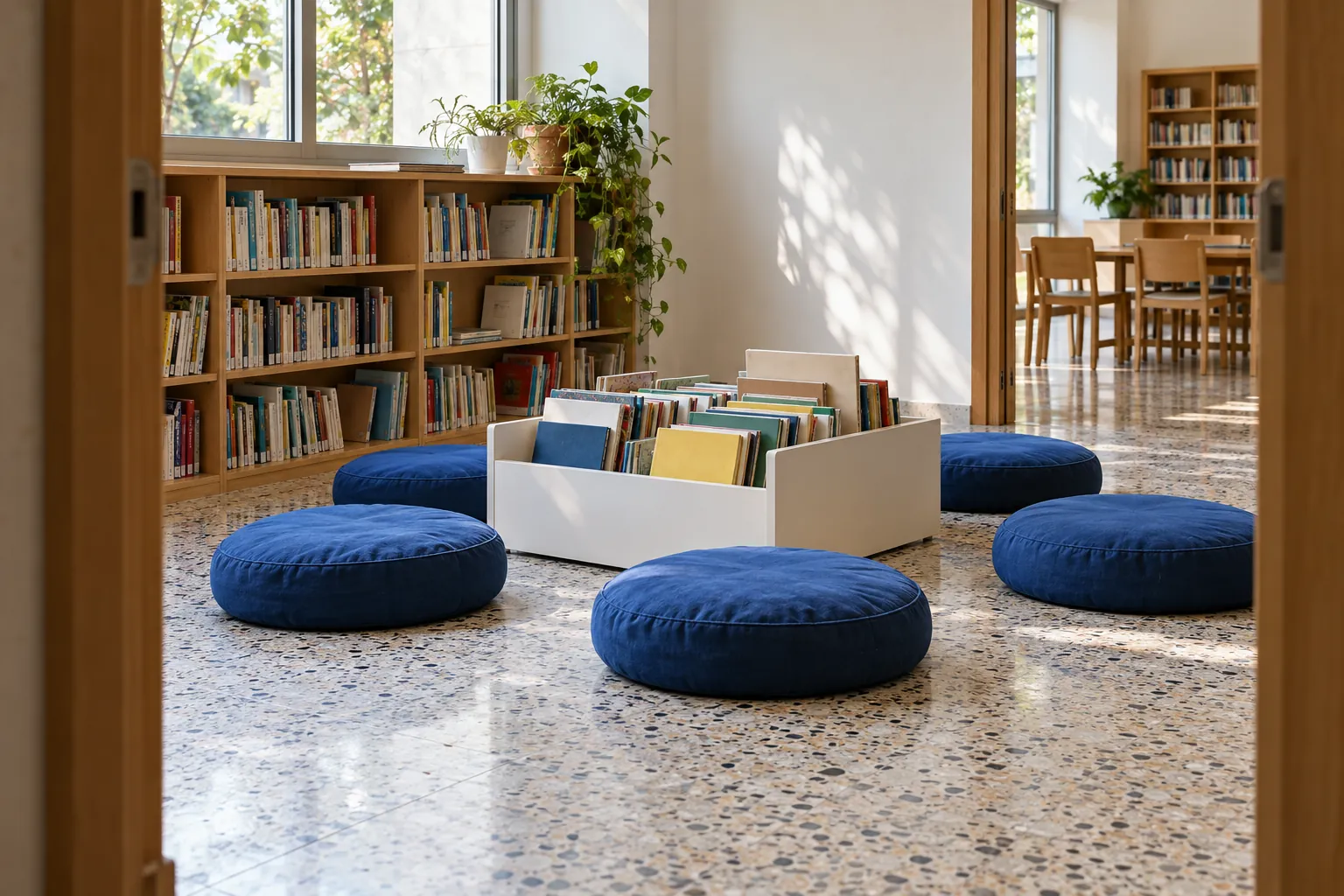 Illustration: Cobalt floor cushions surround a white book bin on terrazzo in a community library, photographed wide from the doorway.